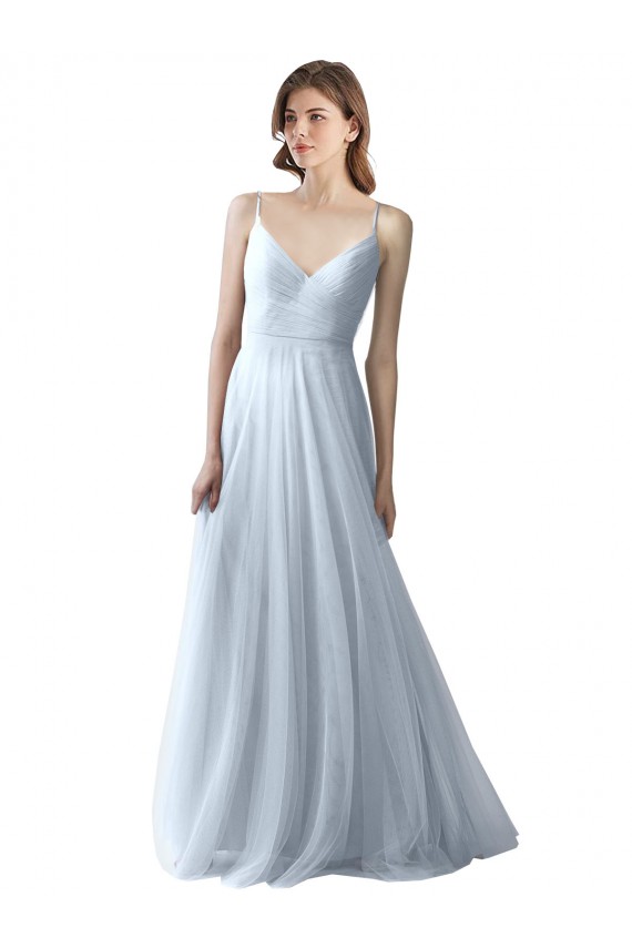 A-Line V-Neck Tulle Long Light Sky Blue Bridesmaid Dress Barrie