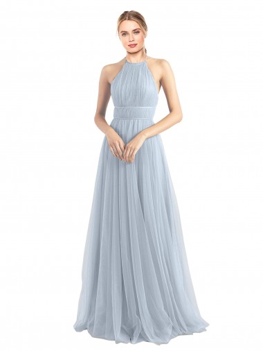 A-Line Halter Neck Tulle Long Light Sky Blue Bridesmaid Dress Barrie