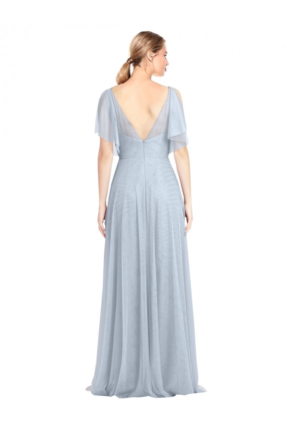 A-Line V-Neck Tulle Long Light Sky Blue Bridesmaid Dress / Evening Dress Barrie