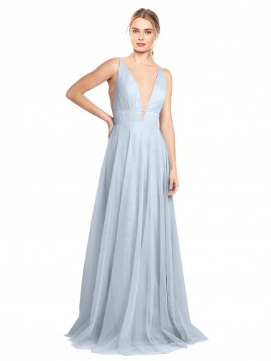 A-Line V-Neck Tulle Long Floor Length Light Sky Blue Bridesmaid Dress Barrie