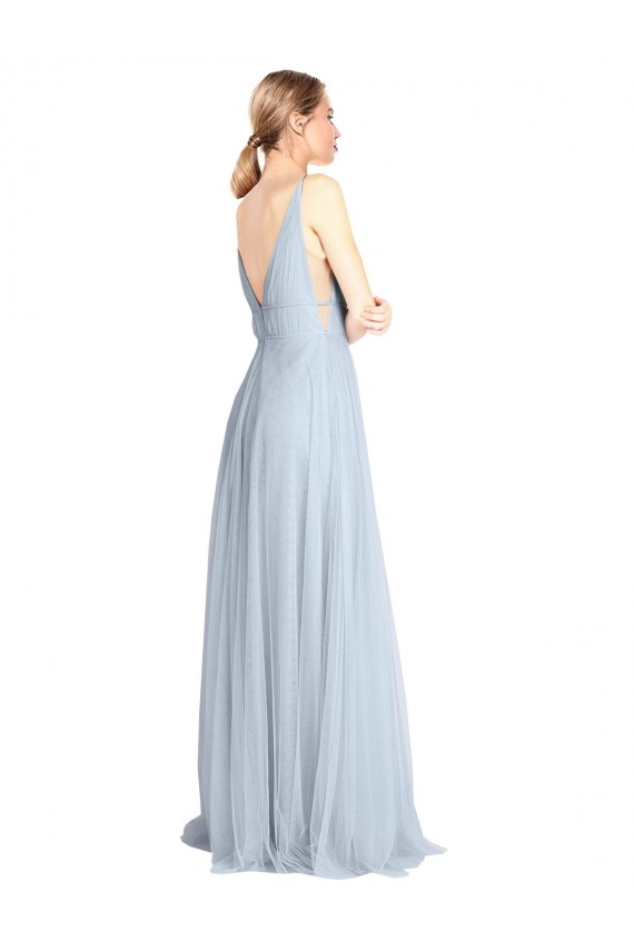 A-Line V-Neck Tulle Long Floor Length Light Sky Blue Bridesmaid Dress Barrie