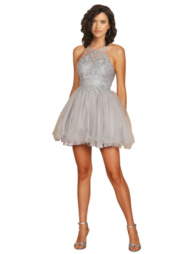 A-Line Halter Neck Tulle Short Silver Bridesmaid Dress Barrie
