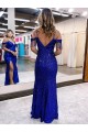 Sheath V-Neck Velvet Sequins Long Royal Blue Velvet Sequin Prom Dress / Evening Dress Barrie