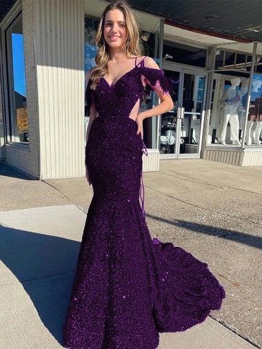 Sheath V-Neck Velvet Sequins Court Train Plum Purple Velvet Sequin Prom Dress / Evening Dress Barrie