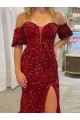 Sheath Off the Shoulder Velvet Sequins Court Train Red Velvet Sequin Prom Dress / Evening Dress Barrie
