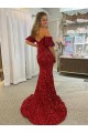 Sheath Off the Shoulder Velvet Sequins Court Train Red Velvet Sequin Prom Dress / Evening Dress Barrie
