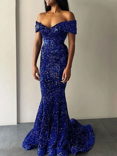 Mermaid Off the Shoulder Velvet Sequins Sweep Train Royal Blue Velvet Sequin Prom Dress / Evening Dress Barrie