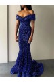 Mermaid Off the Shoulder Velvet Sequins Sweep Train Royal Blue Velvet Sequin Prom Dress / Evening Dress Barrie