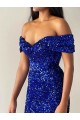 Mermaid Off the Shoulder Velvet Sequins Sweep Train Royal Blue Velvet Sequin Prom Dress / Evening Dress Barrie