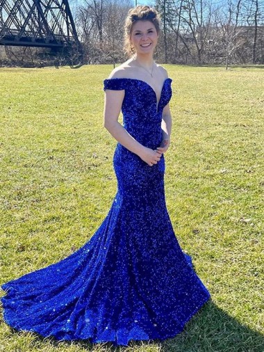 Sheath Off the Shoulder Velvet Sequins Sweep Train Royal Blue Velvet Sequin Prom Dress / Evening Dress Barrie