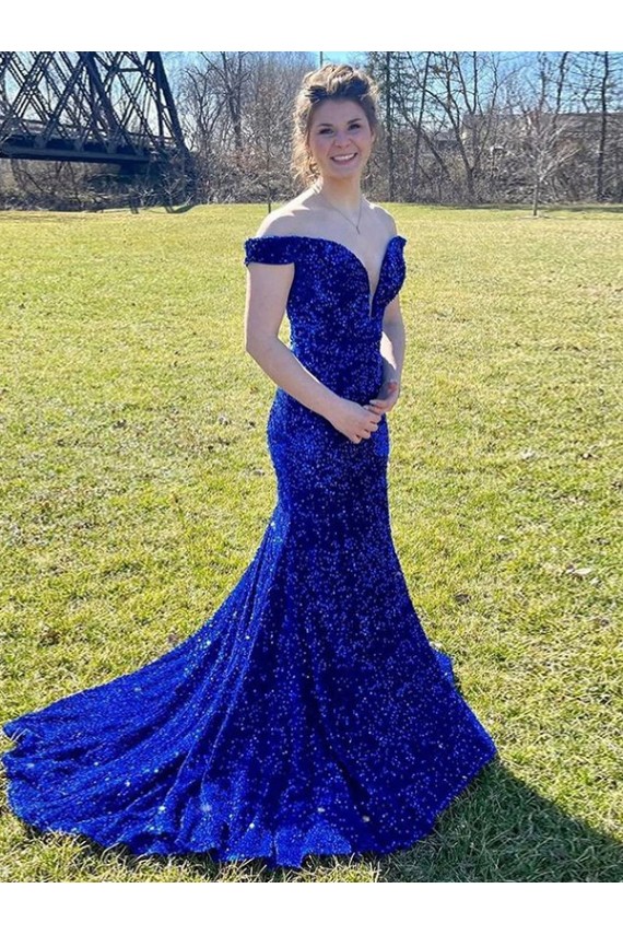 Sheath Off the Shoulder Velvet Sequins Sweep Train Royal Blue Velvet Sequin Prom Dress / Evening Dress Barrie