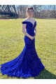 Sheath Off the Shoulder Velvet Sequins Sweep Train Royal Blue Velvet Sequin Prom Dress / Evening Dress Barrie