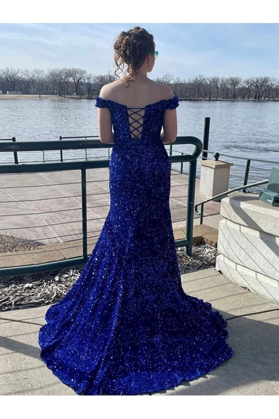 Sheath Off the Shoulder Velvet Sequins Sweep Train Royal Blue Velvet Sequin Prom Dress / Evening Dress Barrie
