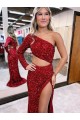 Mermaid One Shoulder Velvet Sequins Sweep Train Burgundy Velvet Sequin Evening Dress Barrie