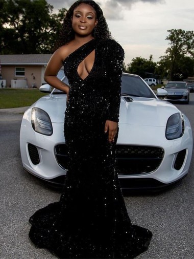 Sheath One Shoulder Velvet Sequins Sweep Train Black Velvet Sequin Prom Dress Barrie