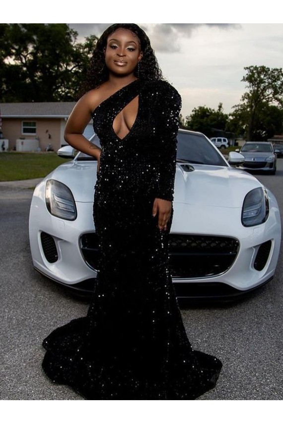 Sheath One Shoulder Velvet Sequins Sweep Train Black Velvet Sequin Prom Dress Barrie