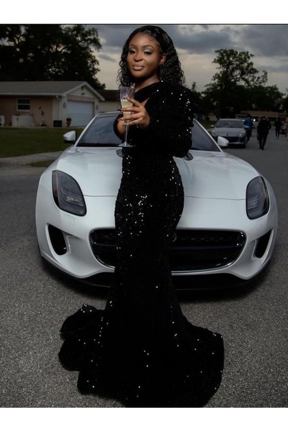 Sheath One Shoulder Velvet Sequins Sweep Train Black Velvet Sequin Prom Dress Barrie