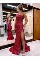 Mermaid One Shoulder Velvet Sequins Sweep Train Burgundy Velvet Sequin Prom Dress / Evening Dress Barrie