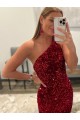 Sheath One Shoulder Velvet Sequins Sweep Train Pink Velvet Sequin Prom Dress / Evening Dress Barrie