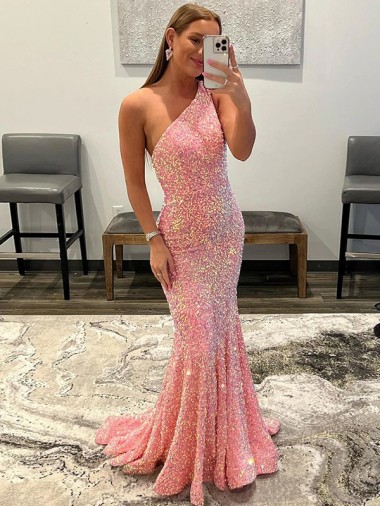 Sheath One Shoulder Velvet Sequins Sweep Train Pink Velvet Sequin Prom Dress / Evening Dress Barrie