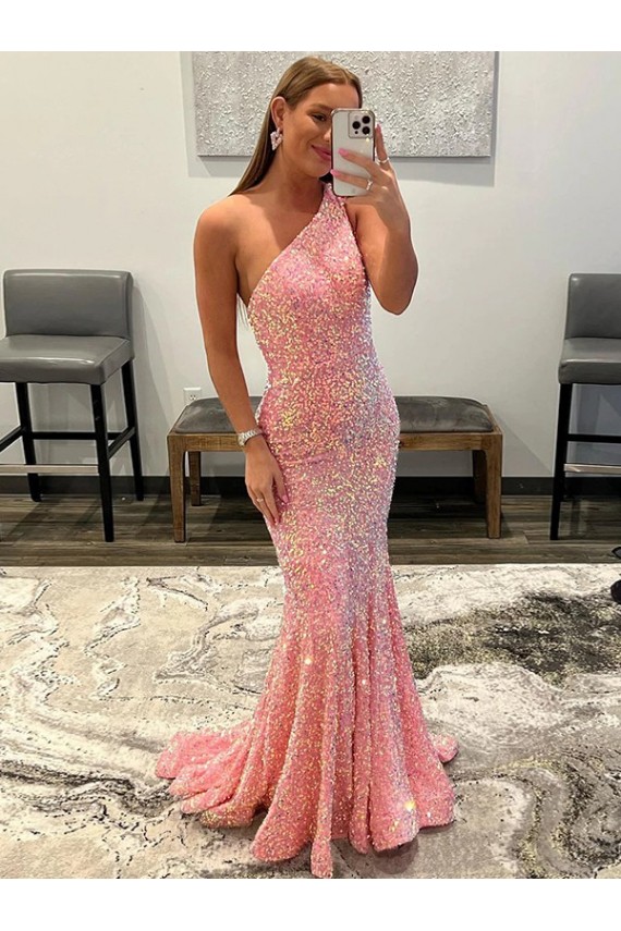 Sheath One Shoulder Velvet Sequins Sweep Train Pink Velvet Sequin Prom Dress / Evening Dress Barrie