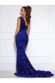 Mermaid One Shoulder Velvet Sequins Court Train Royal Blue Velvet Sequin Prom Dress / Evening Dress Barrie