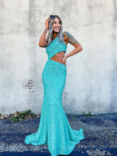Mermaid One Shoulder Velvet Sequins Sweep Train Shown Color Velvet Sequin Prom Dress / Evening Dress Barrie