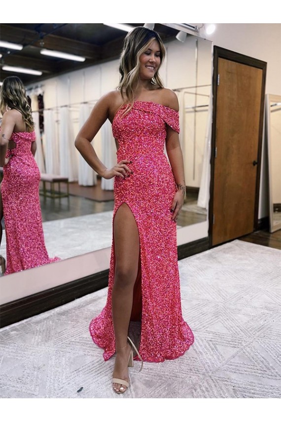 Sheath One Shoulder Velvet Sequins Sweep Train Fuchsia Velvet Sequin Prom Dress / Evening Dress Barrie