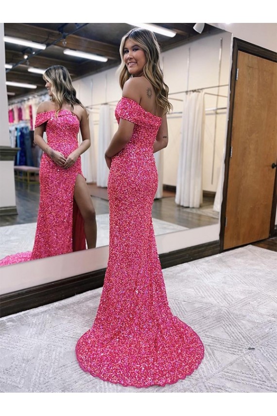 Sheath One Shoulder Velvet Sequins Sweep Train Fuchsia Velvet Sequin Prom Dress / Evening Dress Barrie