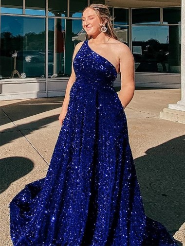 A-Line One Shoulder Velvet Sequins Sweep Train Royal Blue Velvet Sequin Prom Dress / Evening Dress Barrie