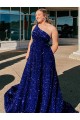 A-Line One Shoulder Velvet Sequins Sweep Train Royal Blue Velvet Sequin Prom Dress / Evening Dress Barrie