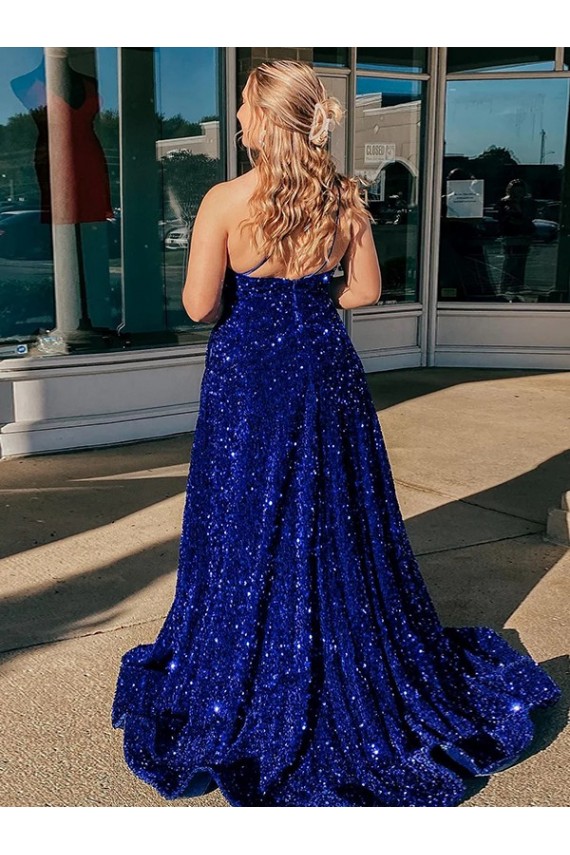 A-Line One Shoulder Velvet Sequins Sweep Train Royal Blue Velvet Sequin Prom Dress / Evening Dress Barrie