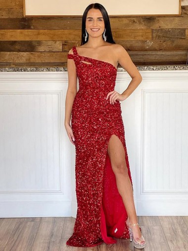 Sheath One Shoulder Velvet Sequins Sweep Train Burgundy Velvet Sequin Prom Dress / Evening Dress Barrie