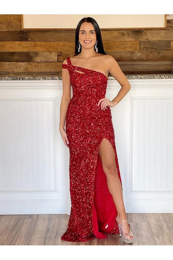 Sheath One Shoulder Velvet Sequins Sweep Train Burgundy Velvet Sequin Prom Dress / Evening Dress Barrie