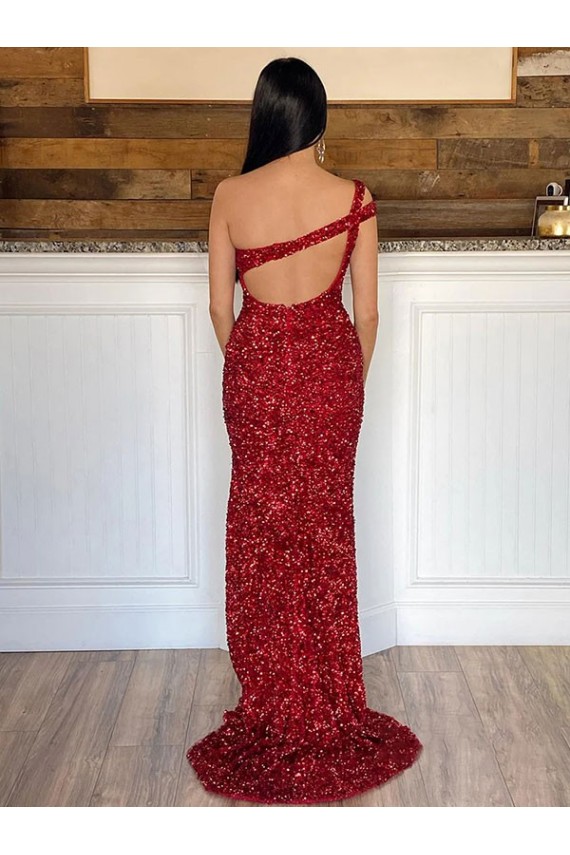 Sheath One Shoulder Velvet Sequins Sweep Train Burgundy Velvet Sequin Prom Dress / Evening Dress Barrie