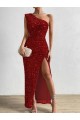 Sheath One Shoulder Velvet Sequins Long Red Velvet Sequin Prom Dress / Evening Dress Barrie