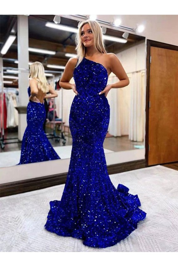 Mermaid One Shoulder Velvet Sequins Sweep Train Royal Blue Velvet Sequin Prom Dress / Evening Dress Barrie