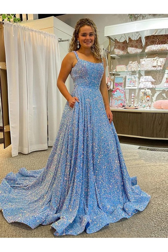 A-Line Scoop Neck Velvet Sequins Court Train Shown Color Velvet Sequin Prom Dress / Evening Dress Barrie