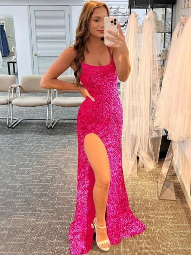 Sheath Spaghetti Straps Velvet Sequins Sweep Train Fuchsia Velvet Sequin Prom Dress / Evening Dress Barrie