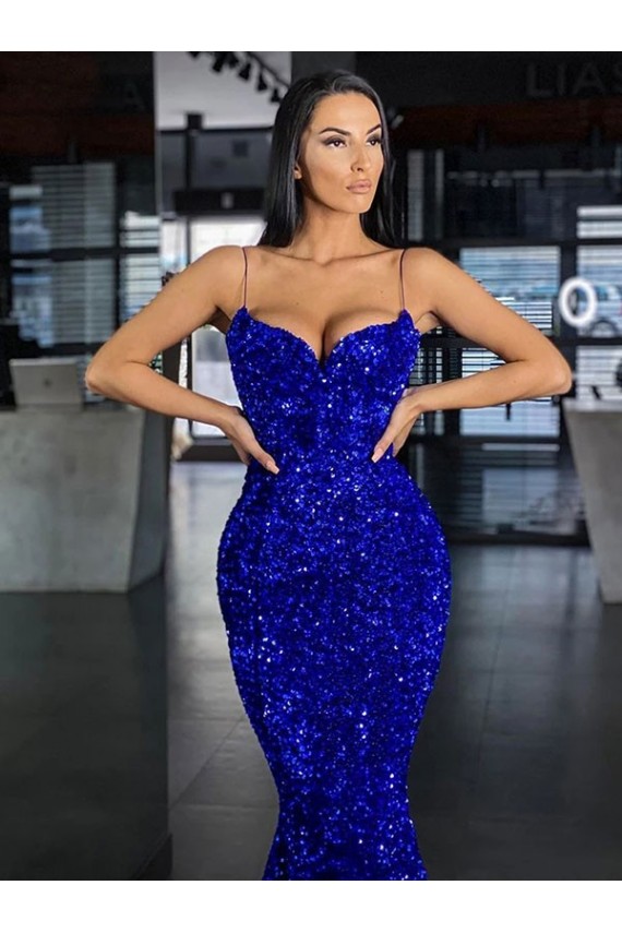 Mermaid Spaghetti Straps Velvet Sequins Sweep Train Royal Blue Velvet Sequin Prom Dress / Evening Dress Barrie
