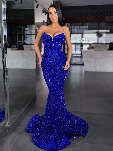 Mermaid Spaghetti Straps Velvet Sequins Sweep Train Royal Blue Velvet Sequin Prom Dress / Evening Dress Barrie