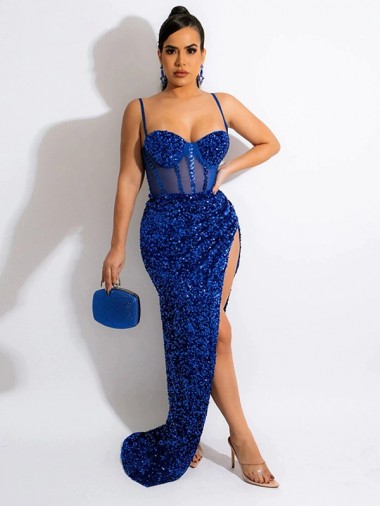 Sheath Spaghetti Straps Velvet Sequins Sweep Train Royal Blue Velvet Sequin Evening Dress Barrie