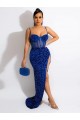 Sheath Spaghetti Straps Velvet Sequins Sweep Train Royal Blue Velvet Sequin Evening Dress Barrie