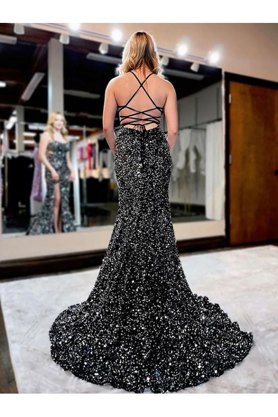 Sheath Spaghetti Straps Velvet Sequins Sweep Train Shown Color Velvet Sequin Prom Dress / Evening Dress Barrie