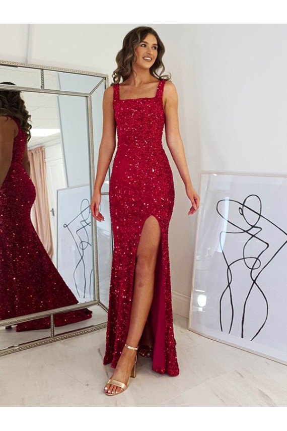 Sheath Square Neck Velvet Sequins Long Burgundy Velvet Sequin Prom Dress / Evening Dress Barrie