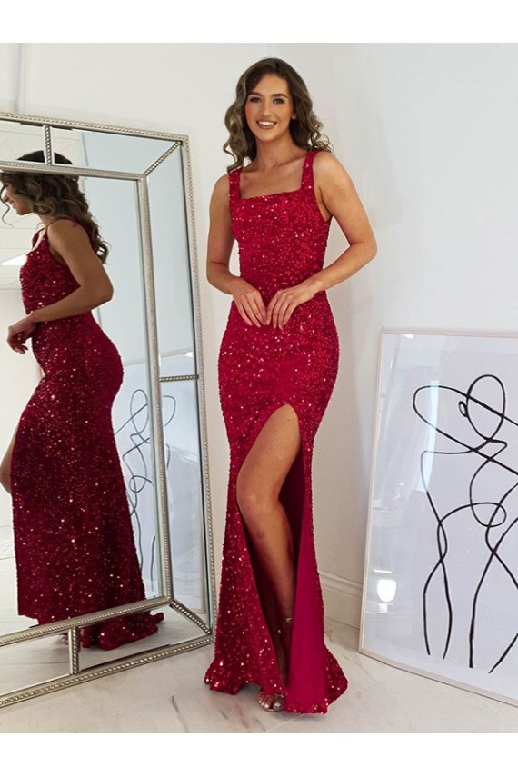 Sheath Square Neck Velvet Sequins Long Burgundy Velvet Sequin Prom Dress / Evening Dress Barrie