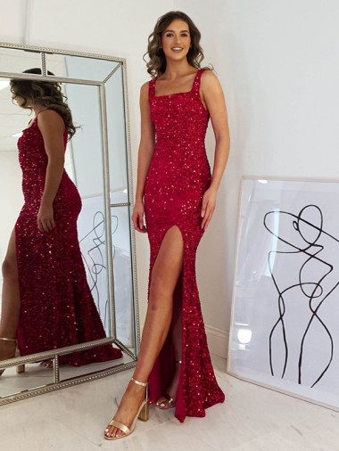 Sheath Square Neck Velvet Sequins Long Burgundy Velvet Sequin Prom Dress / Evening Dress Barrie