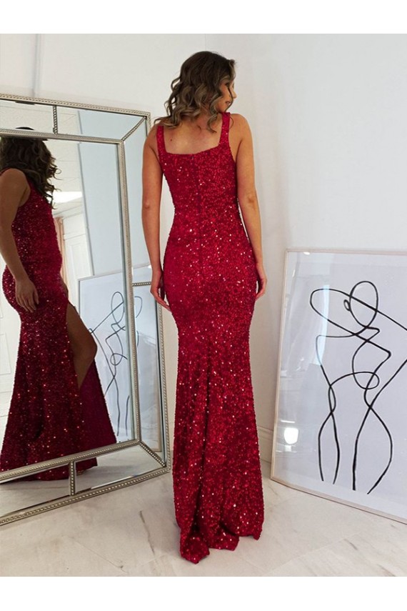 Sheath Square Neck Velvet Sequins Long Burgundy Velvet Sequin Prom Dress / Evening Dress Barrie