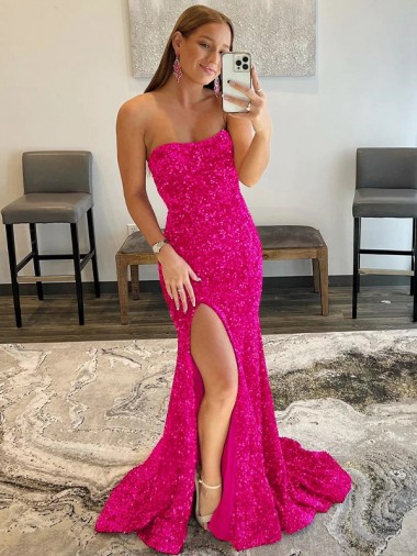 Sheath Strapless Velvet Sequins Sweep Train Fuchsia Velvet Sequin Prom Dress / Evening Dress Barrie