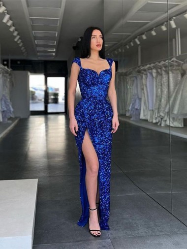 Sheath Spaghetti Straps Velvet Sequins Sweep Train Royal Blue Velvet Sequin Prom Dress / Evening Dress Barrie